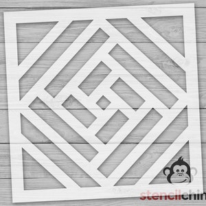 May include: A white geometric stencil with a repeating pattern of diagonal lines and squares. The stencil is designed for use with paint or other mediums to create a decorative pattern on walls, furniture, or other surfaces.