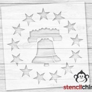 May include: Stencil design featuring a Liberty Bell surrounded by a circle of stars. The stencil is white and is designed for use with paint or other mediums.