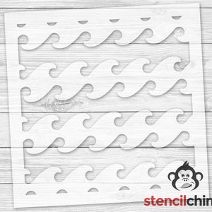 May include: White stencil of a repeating wave pattern. The stencil is designed for use with paint or other mediums to create a decorative wave pattern on a surface.