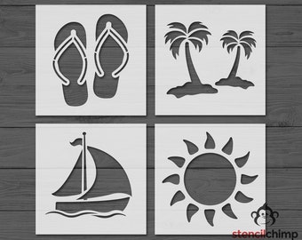 Beach Stencil Bundle, Flip flops, Sun, Palm Trees, Sailboat, Reusable and Vinyl Stencils, Beach house stencils, 4 in 1, Kid Stencil