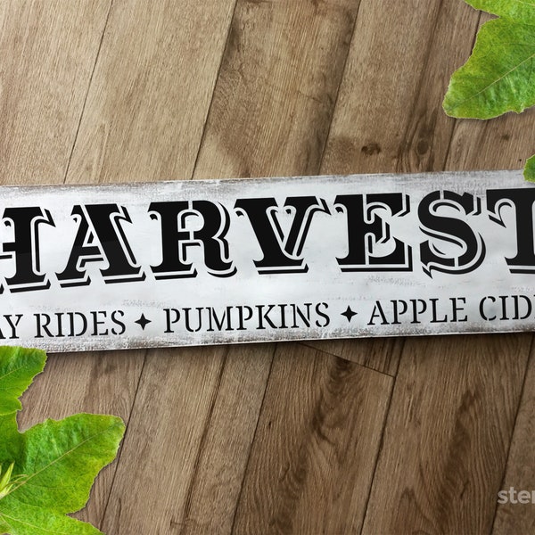 Harvest Stencil | Hay Rides, Pumpkins, Apple Cider Stencil for Wood Sign | Harvest Horizontal Stencil for Fall Decor | Mantel Sign