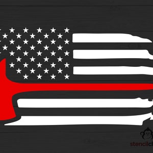 May include: A distressed American flag with a red firefighter's axe superimposed over it. The axe is positioned horizontally across the flag, with the blade facing left. The red stripe of the flag is thicker than the other stripes, representing the thin red line.