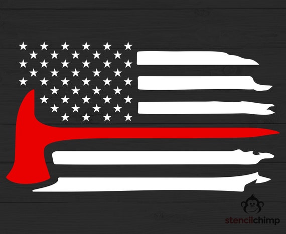 Red Line American Flag Stencil, Distressed Flag Fireman's Axe