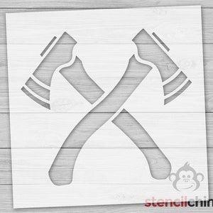 May include: A stencil design of two crossed axes, a popular symbol of strength and power. This stencil is perfect for creating a unique and eye-catching design on walls, furniture, or other surfaces.
