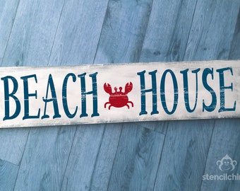 Beach House Sign Stencil | Cute Crab Stencil | Stencil for Beach House Decor | Ocean Stencil for Wood Sign | Reuseable Beach Sign Stencil