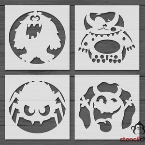 Cute Monsters Stencil Bundle, Halloween Stencil for Kids Room, Cartoon Monsters Pumpkin Stencil, Kids Craft, Halloween Bundle