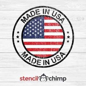 May include: A black and white circular stamp with the text "Made in USA" around the edge. The center of the stamp features a distressed American flag.