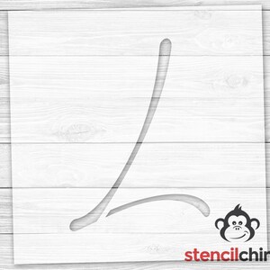 May include: A stencil of the letter L in a cursive font. The stencil is on a white wooden background. The stencil is for use with paint or other mediums to create a decorative design.