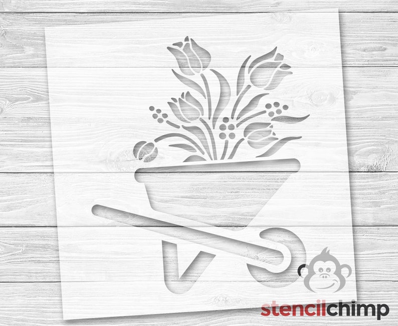 Flower Stencil Wheel Barrow Stencil Garden Stencil Floral Stencil Summer Stencil Farm Stencil Wall Art DIY Stencil image 1