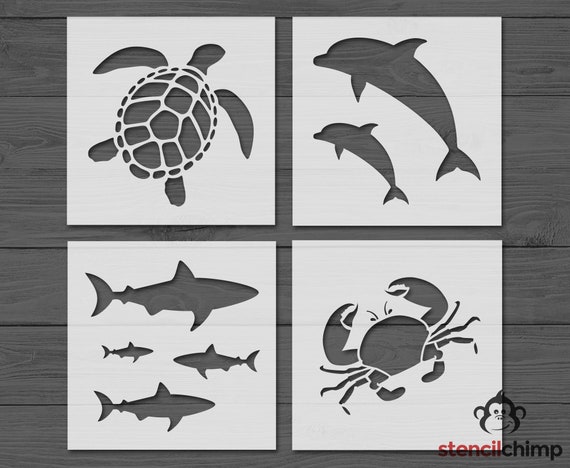 Ocean Animal Stencil Bundle Sea Turtle, Dolphins, Shark and Crab Reusable  Stencil for Wall Art 4 in One Kid Stencil for Wood Sign 