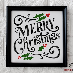 Merry Christmas Stencil, Christmas Stencil with Holly Leaves, Christmas Craft Stencil for Sign