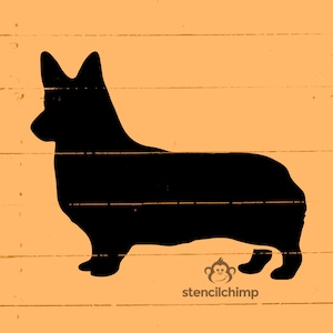 May include: Silhouette of a black dog with short legs and pointy ears on a light orange woodgrain background. The dog is facing to the right. The text "stencilchimp" is at the bottom of the image.