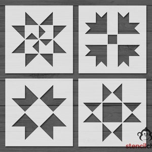 May include: Four different quilt block patterns for a stencil. The patterns are a star, a four-pointed star, a square with arrows pointing out, and a square with a star in the center.