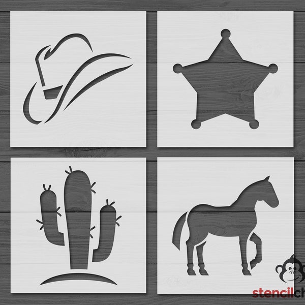 Room Decor Cowboy Stencil Bundle for Kids Room Decor, Reusable or Vinyl Stencil, 4 in one, Kid Craft Kit, Stencil for Wood Projects