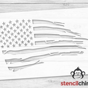 May include: A stencil of a distressed American flag, with a white background and a gray outline. The flag is torn and tattered, with some of the stars missing. The stencil is perfect for creating a patriotic look on any surface.