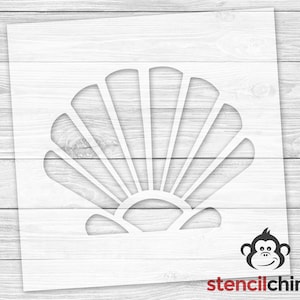 May include: A white seashell stencil for crafting and decorating. The stencil is shaped like a seashell with a detailed design of ridges and curves.