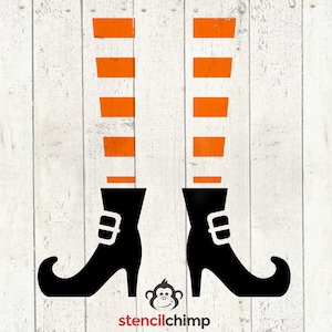 May include: A pair of black witch boots with orange and white striped stockings. The boots have a pointed toe and a high heel.