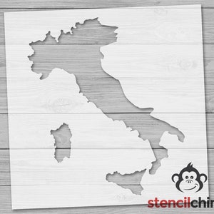 May include: A white stencil of the outline of Italy, with a small stencil of the island of Sardinia to the left. The stencil is on a woodgrain background. The stencilchimp logo is in the bottom right corner.
