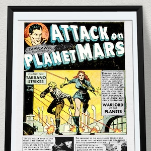 Puede incluir: Una portada de cómic vintage que presenta una escena dramática de un hombre y una mujer corriendo por una ciudad futurista. La portada se titula "Ataque al planeta Marte" y presenta el texto "Tarraro ataca" y "Señor de la guerra de los planetas".