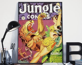 Vintage Jungle Comics Poster, Pin Up Girl and Lion Art Print