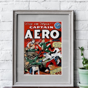 VINTAGE SUPERHERO POSTER. Captain Aero Vintage World War 2 Army Airforce Poster Comic Book Art Print, Airforce, Air force, Army WW2