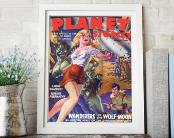 May include: A vintage magazine cover for Planet Stories, featuring a woman in a red skirt and a green monster. The cover text reads "Wanderers of the Wolf-Moon" and "An Amazing Novel of the Sargasso Spaceways".