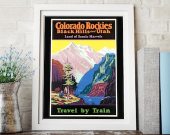 VINTAGE REISE POSTER Colorado - Rocky Mountains by Train Plakat von der Fed. Kunst Projekt. Handgezeichnetes Plakat original aus den 20er Jahren.