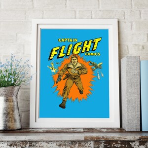 VINTAGE SUPERHERO POSTER Captain Flight Comics Vintage Art print - WW2 Poster or Canvas Print