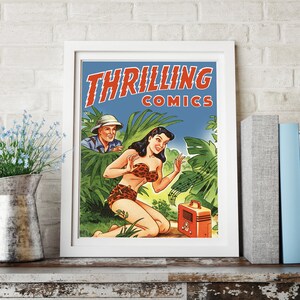 VINTAGE POSTER / CANVAS, Jungle Girl Wall Art - Thrilling Comics Jungle Explorers