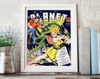 May include: A vintage comic book cover featuring a green monster attacking a woman in a yellow dress. The comic book is titled "Planet Comics" and the issue number is 22. The cover also features a man in a red shirt and blue pants fighting the monster.
