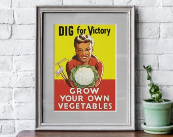 Afiche VINTAGE de la Segunda Guerra Mundial, "Cava para la victoria", póster vintage de la Segunda Guerra Mundial, cultiva tus propias verduras, póster vintage de jardinería