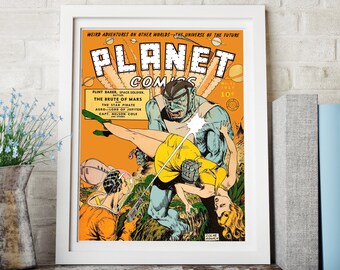 May include: A vintage comic book cover featuring a blue alien creature holding a woman in a yellow dress. The cover is titled "Planet Comics" and features the text "The Brute of Mars" and "July 10¢".