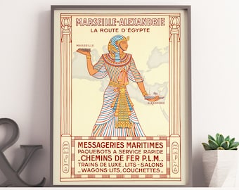 Vintage Egypt Travel Poster – Alexandria to Marseilles, Pharaoh Art