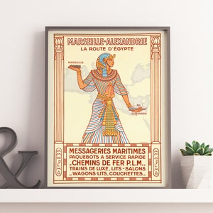 Poster egiziano d'epoca - Poster di viaggio in Egitto, da Alessandria a Marsiglia. Faraone, egiziano, geroglifici, poster di viaggio in Egitto, decorazione artistica da parete