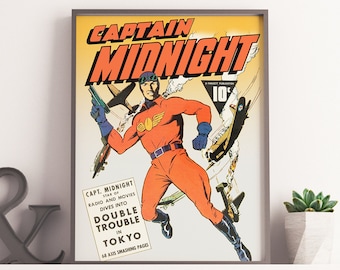 Captain Midnight-poster, vintage superheld stripkunstafdruk