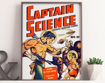 VINTAGE SCIENCE FICTION Poster Scifi Captain Science Sci-fi Print: Vintage Outer Space Science Fiction Poster or Canvas Print