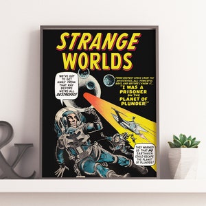 VINTAGE SCIFI POSTER Strange Worlds Outerspace Superhero Poster Print, Astronaut in Space, Kids Game Room, Science Fiction Fan Poster
