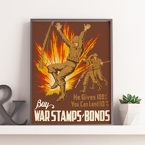 VINTAGE PROPAGANDA POSTER, Buy War Stamps and Bonds World War 2 Army Poster: