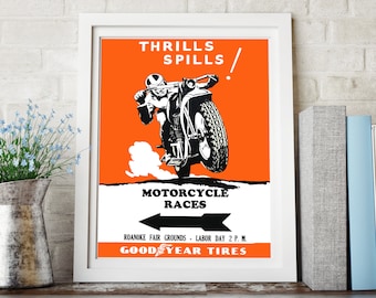CARTEL DE MOTOCICLETA VINTAGE - Carrera de motos, póster retro de Goodyear