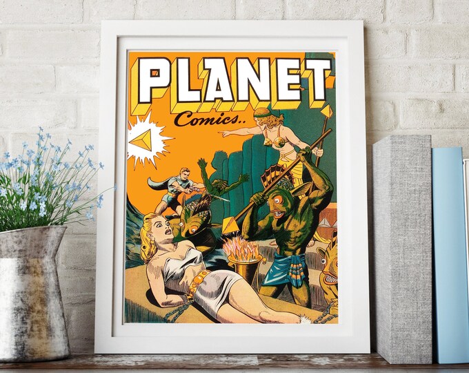 VINTAGE SCIENCE FICTION Planet Comics Poster Scifi Art Print - Vintage Comic Decor, Superhero Outer Space Action Poster