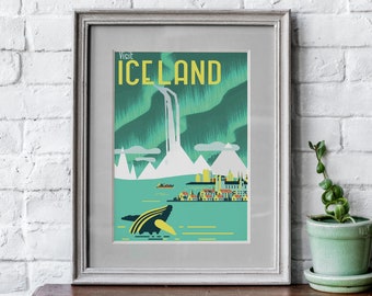 VINTAGE ICELAND TRAVEL Poster, Visit Iceland Travel Art Poster or Canvas Print, Vintage Travel Posters