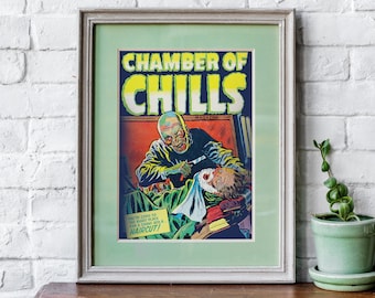 Vintage Horror Movie Poster - Chamber of Chills Barbershop of Horror Vintage Science Fiction Art Print / Canvas Print