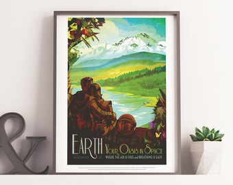 SPACE TRAVEL POSTER - Erdenoase im Weltraum - Nasa Reiseplakate Art Print, Weltraumforschungsplakat, Retro Futuristischer Look