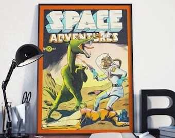 May include: A vintage comic book cover featuring a green, reptilian creature with a long neck and sharp teeth. The creature is attacking a person in a white spacesuit. The comic book is titled "Space Adventures" and has a red, orange, and yellow color scheme.