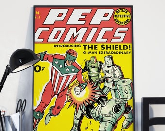 VINTAGE SUPERHERO POSTER - Pep Comics, The Shield, Retro / Vintage Graphic Novel Posters and Prints