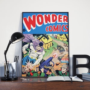 VINTAGE SUPERHERO POSTER Wonder Comics Comic Book Superhero Vintage Art print - Vintage WW2 Superhero Comic Book Poster Art