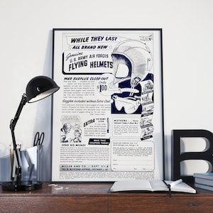 VINTAGE WW2 ADVERTISEMENT POSTER - WW2 Flying Helmets Surplus Sale, Vintage B&W Mail-In Advertisement