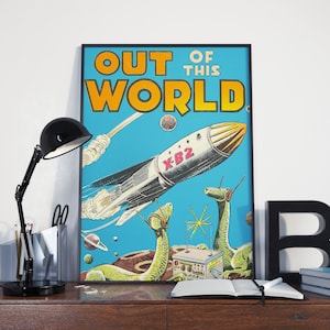 VINTAGE POSTER - Retro Poster featuring Spaceship and Dinosaurs Wearing Headphones Art Print / Wall Art - Vintage Science Fiction