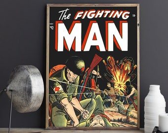 May include: A vintage comic book cover featuring a soldier in a red cross uniform helping a wounded soldier. The cover is titled "The Fighting Man" and has a red, white, and blue color scheme.