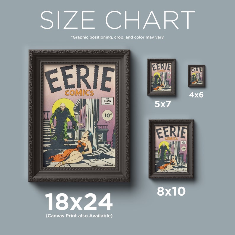 May include: Framed prints of "Eerie Comics" comic book covers in various sizes. The largest print is 18x24 inches, with smaller options including 5x7, 4x6, and 8x10 inches. The artwork features a vintage comic book cover.